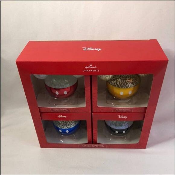 4 New Hallmark Christmas Disney Mickey Mouse Ears Glass Ornaments Black Red Blue - Picture 2 of 6